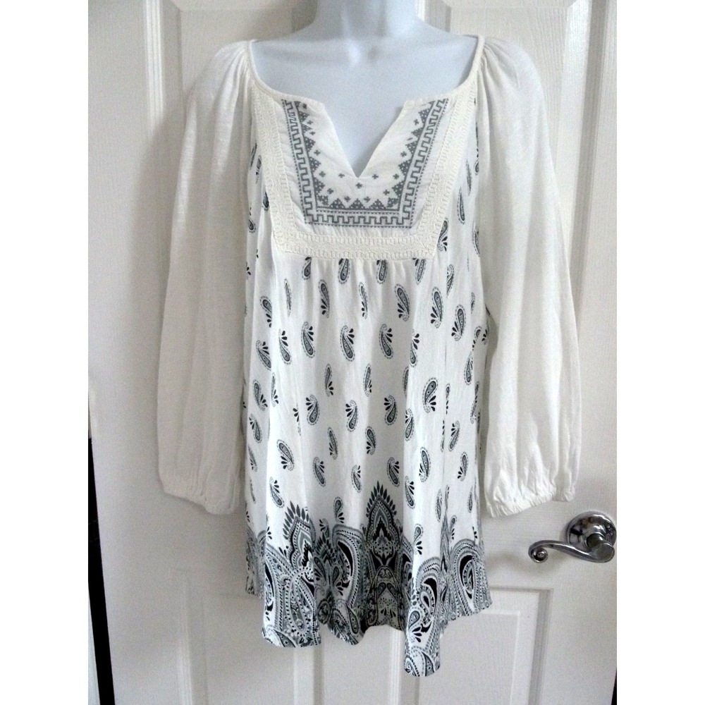 Vintage America Paisley Boho Cotton Modal Pullover Blouse Peasant White Gray M